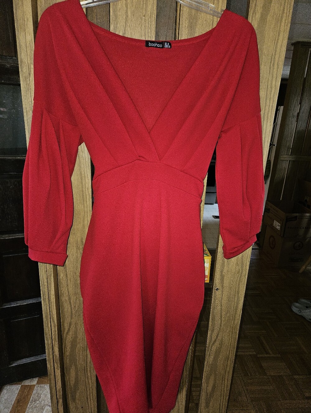 Boohoo Sz 14 Red V-neck Bodycon Fit Midi Dress/Long Balloon Sleeves